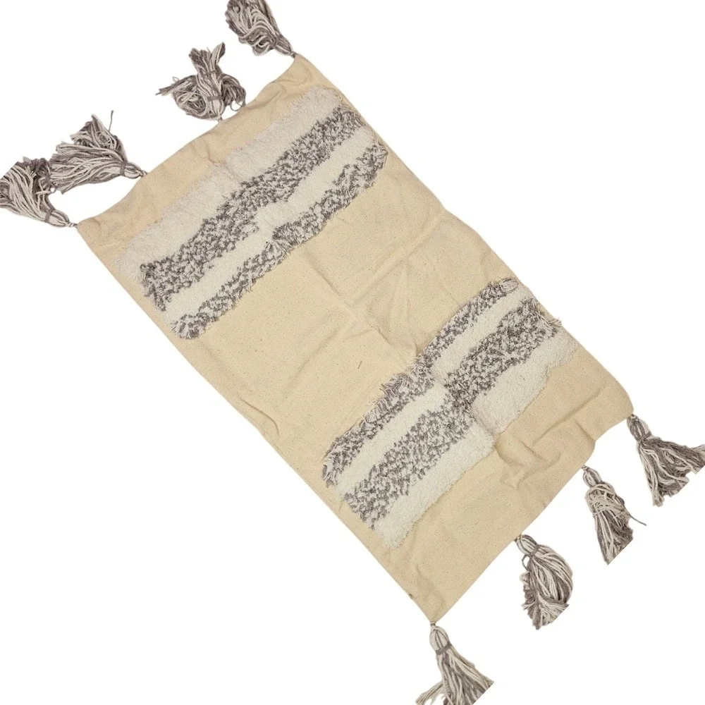 Hmartour Cream Grey Tufted Tassel Throw Pillow Cover Rectangular Boho Farm Beach